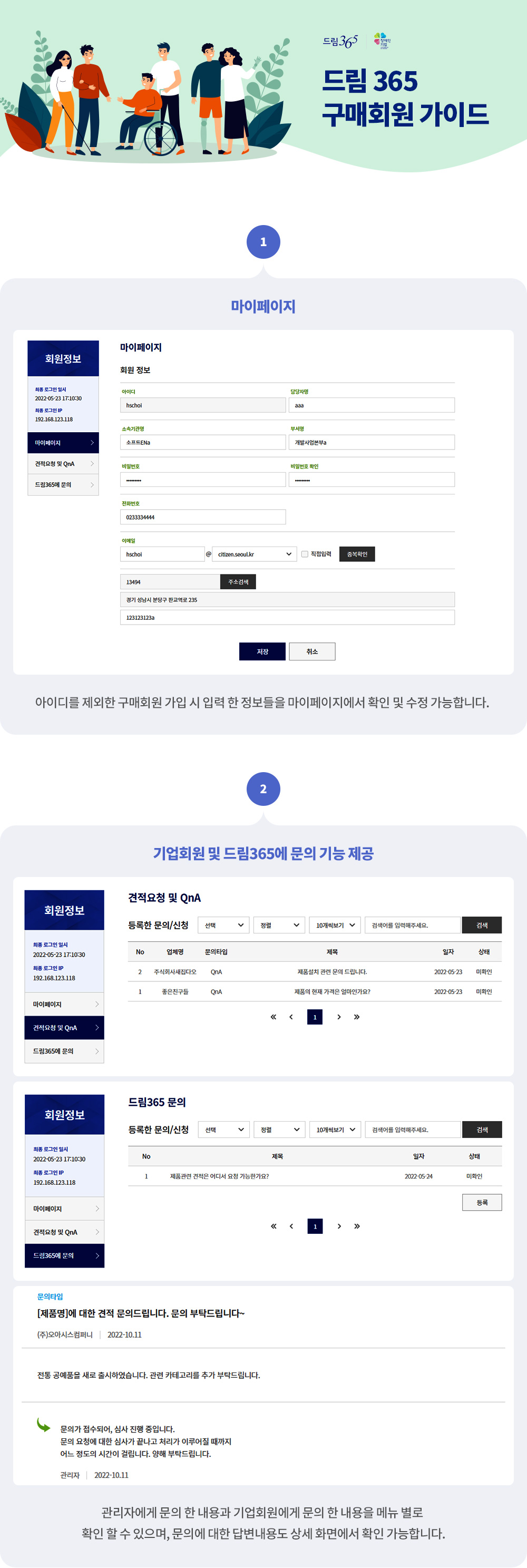 드림365 구매회원 가이드 마이페이지 1.아이디를 제외한 구매회원 가입 시 입력한 정보들을 마이페이지에서 확인 및 수정 가능합니다 
						2.기업회원 및 드림365에 문의 기능 제공 관리자에게 문의한 내용과 기업회원에게 문의한 내용을 메뉴 별로 확인 할 수 있으며, 문의에 대한 답변내용도 상세 화면에서 확인 가능합니다